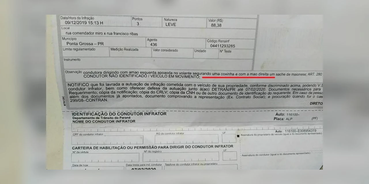 Mulher é multada em PG por comer coxinha enquanto dirigia
