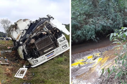Óleo vegetal atinge córrego após tombamento de caminhão na BR-373