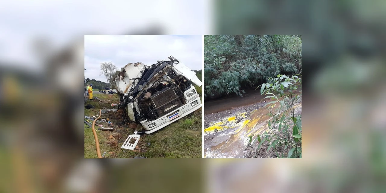Óleo vegetal atinge córrego após tombamento de caminhão na BR-373