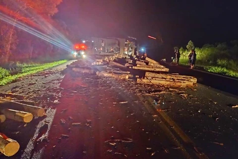 Caminhão carregado de madeira tomba e interdita rodovia, em Teixeira Soares