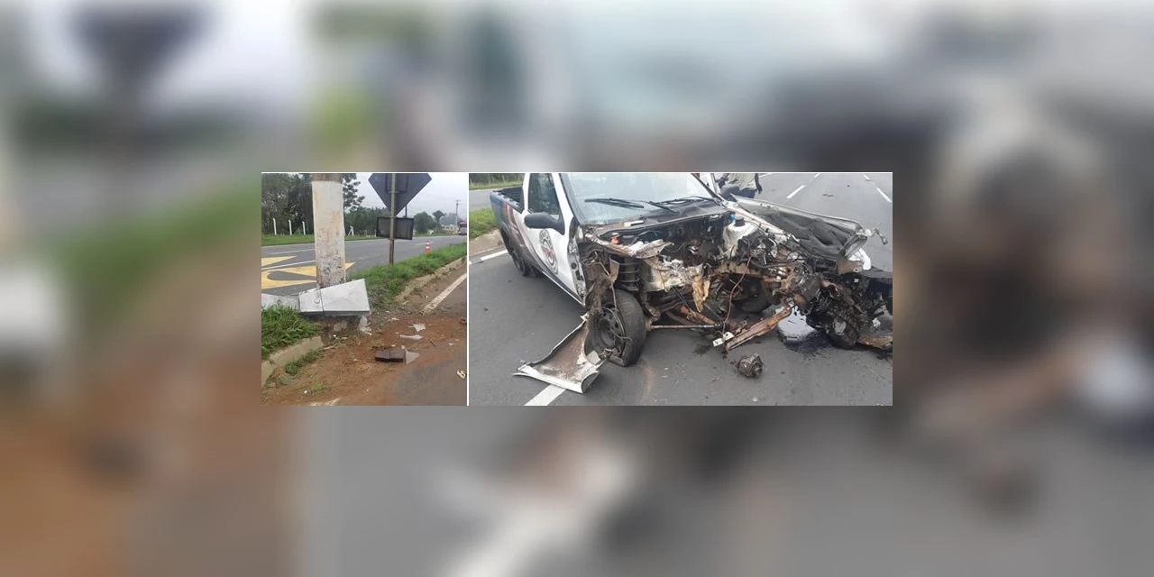 Motorista perde controle da direção de picape e colide com poste na Souza Naves