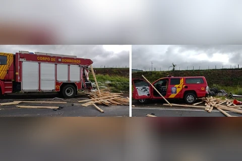 Caminhão desgovernado atinge viaturas do Corpo de Bombeiros que atendiam acidente com 5 mortes na BR-376