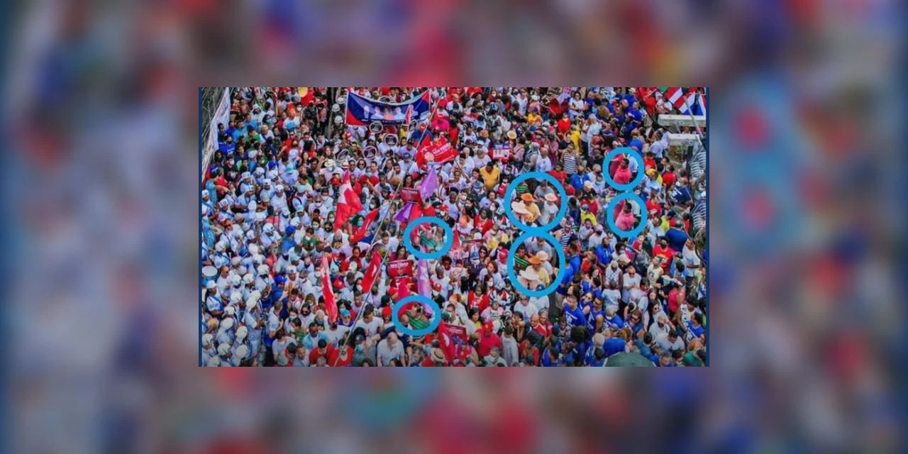 Evento com Lula na Bahia; círculos destacam pessoas repetidas na foto