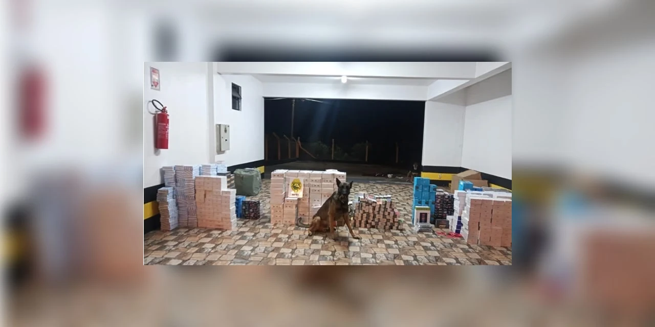 Com ajuda de cão farejador, PRE apreende 3,7 mil produtos oriundos do Paraguai em ônibus de turismo