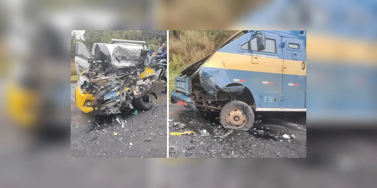 Policiais militares ficam feridos após colisão entre viatura e carro-forte, em Candido de Abreu