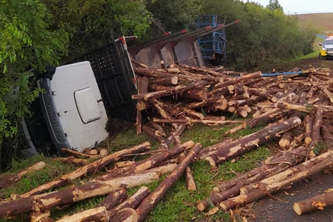Caminhão carregado com tora de madeira tomba na PR-438, em Guaragi