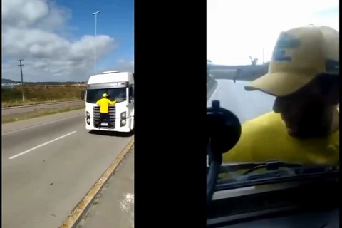 Vídeo: Manifestante tenta impedir caminhão de furar bloqueio e fica pendurado no parabrisa