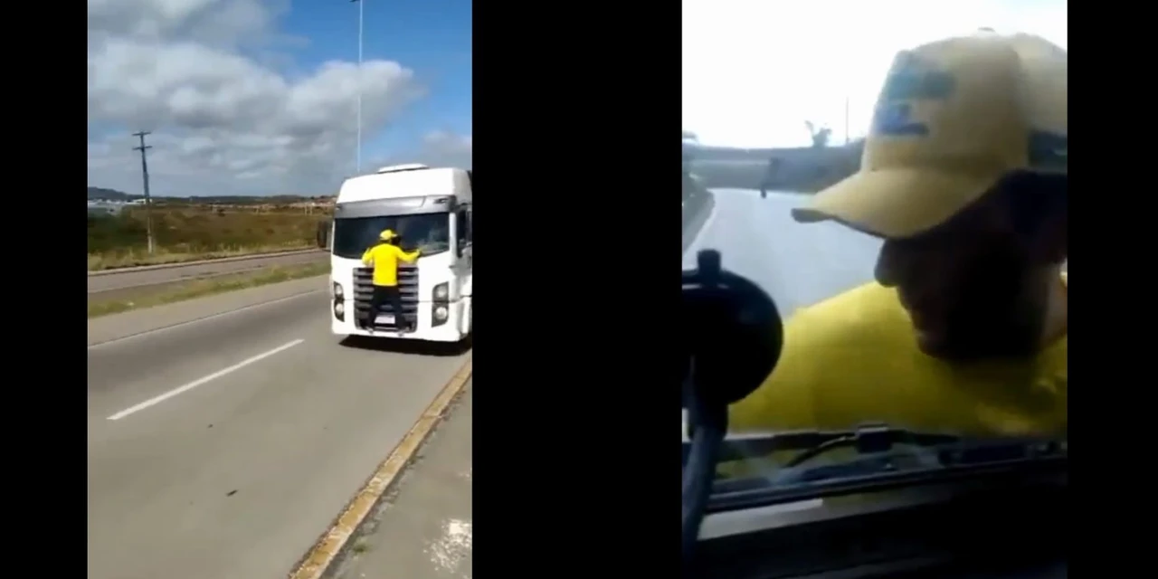 Vídeo: Manifestante tenta impedir caminhão de furar bloqueio e fica pendurado no parabrisa