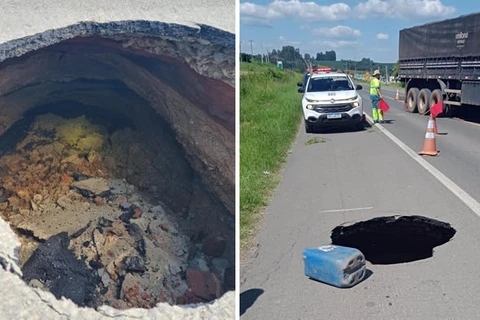 Buraco causa interdição de meia pista na BR-373, em Guamiranga; trecho está sendo desviado pelo acostamento