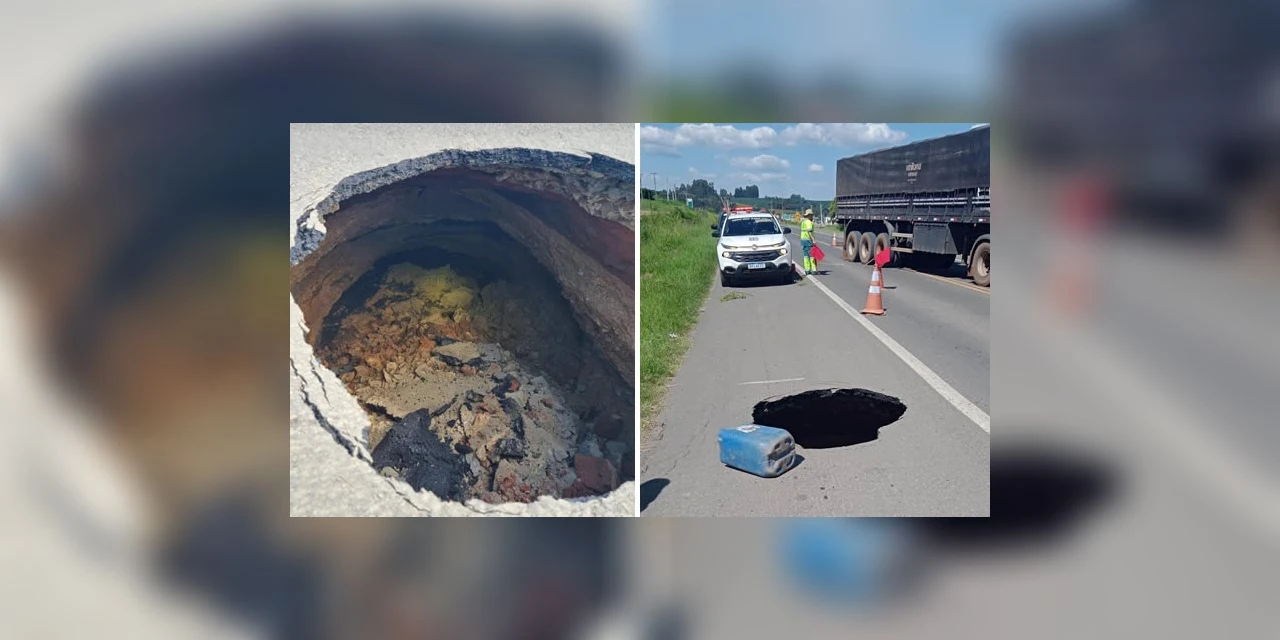 Buraco causa interdição de meia pista na BR-373, em Guamiranga; trecho está sendo desviado pelo acostamento