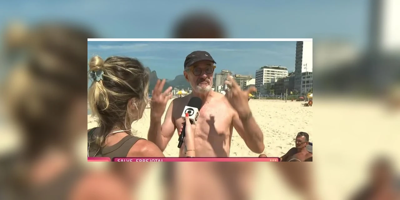 Repórter flagra Marcos Caruso na praia com namorado, que é ignorado