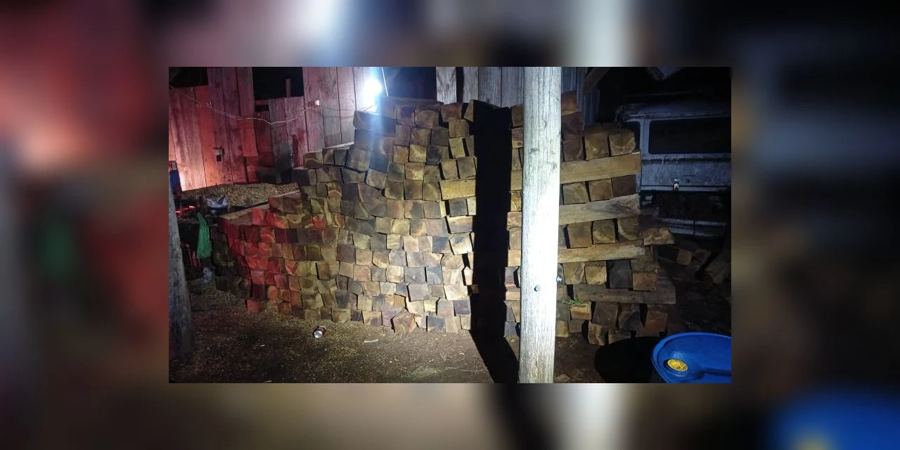 Carga ilegal de madeira é apreendida pela PM, em Irati