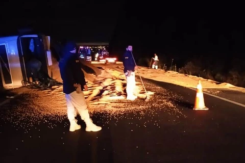 Caminhão carregado de soja tomba na BR-376 em PG e deixa rodovia em meia pista