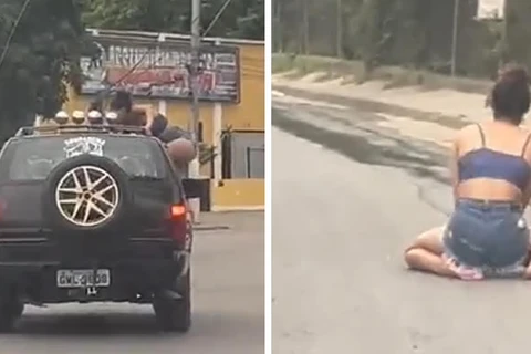 Vídeo: Mulher sobe no teto de carro e cai ao avistar viatura da policia