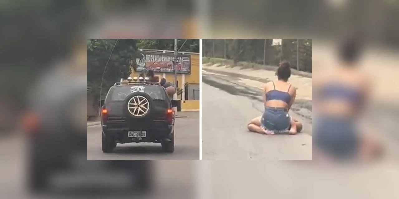 Vídeo: Mulher sobe no teto de carro e cai ao avistar viatura da policia