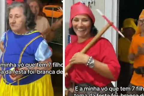 Idosa viraliza ao comemorar aniversário vestida de Branca de Neve e os sete filhos como anões