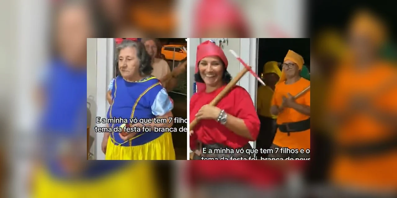Idosa viraliza ao comemorar aniversário vestida de Branca de Neve e os sete filhos como anões