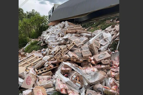 Polícia rodoviária impede saque de carga de frangos após tombamento de caminhão 