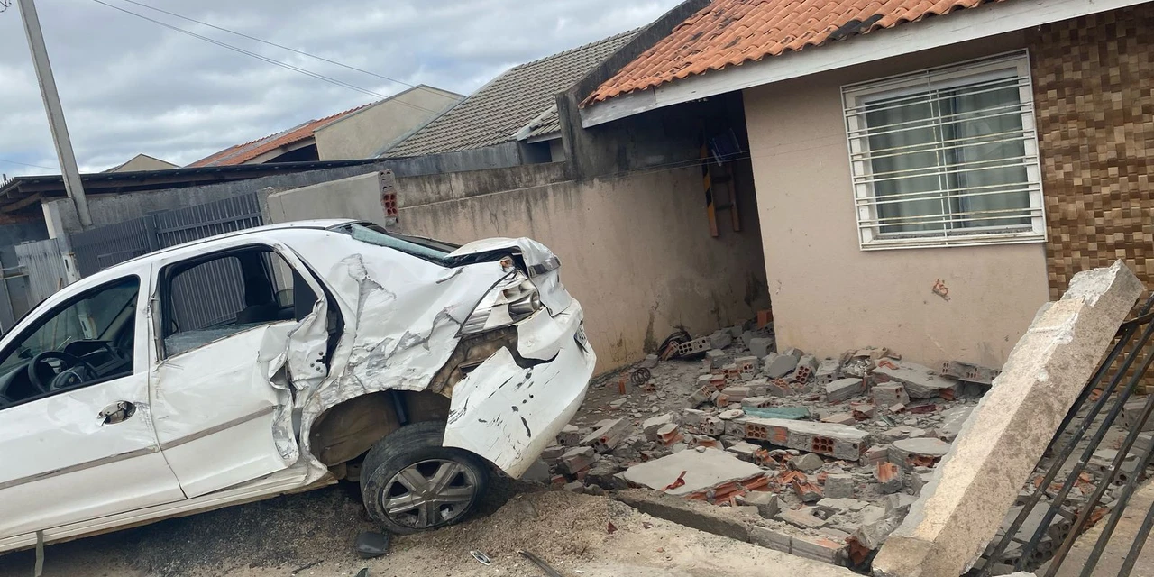 Condutor sem CNH tenta desviar de cachorro, tomba veiculo e acerta muro de residência em PG 