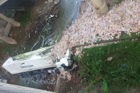 Caminhão despenca de ponte na BR-376 próximo a Ambev 