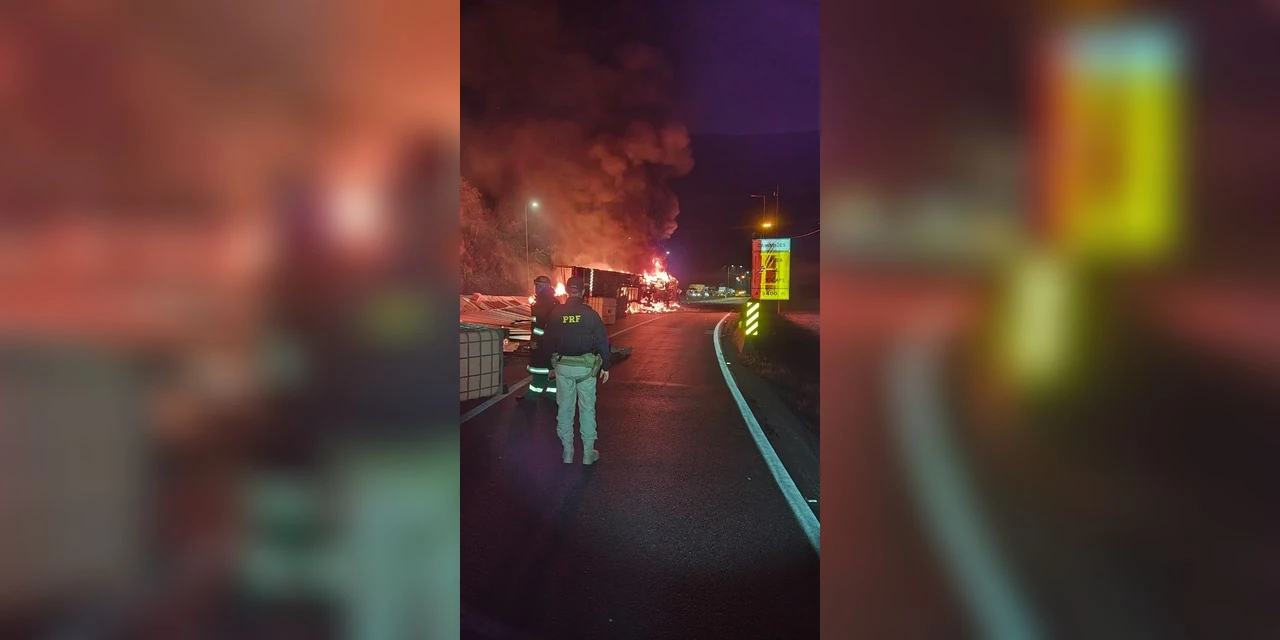 Caminhoneiro morre após caminhão tombar e pegar fogo na BR-376, em Guaratuba 