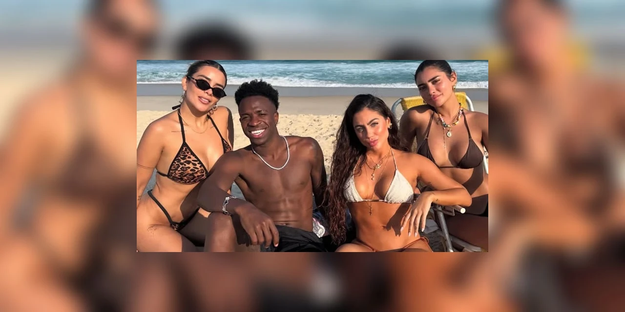 Vini Jr. curte praia ao lado de modelo e influencers após festa de aniversário