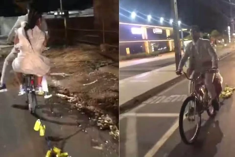 Recém-casados vão embora de cerimônia de bicicleta para relembrar início do relacionamento  
