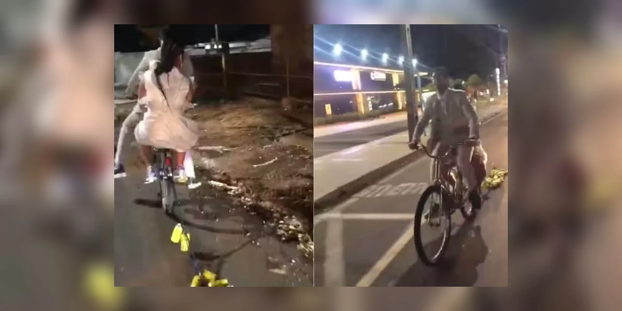 Recém-casados vão embora de cerimônia de bicicleta para relembrar início do relacionamento  