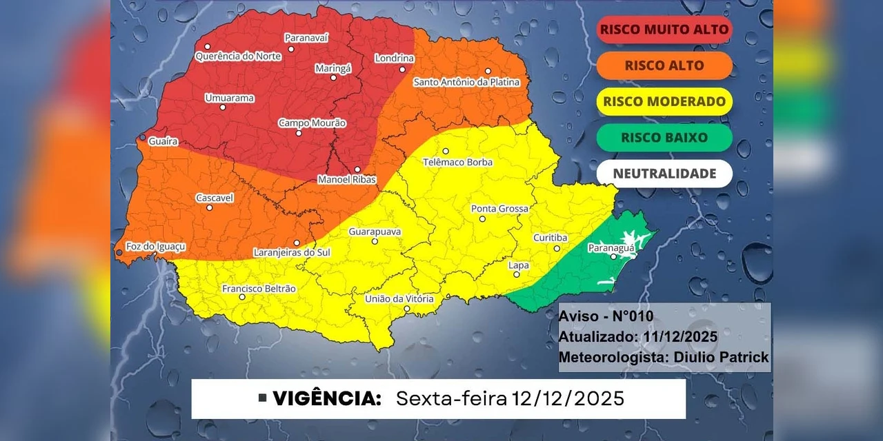 Paraná terá tempestades severas neste fim de semana, aponta previsão do Simepar